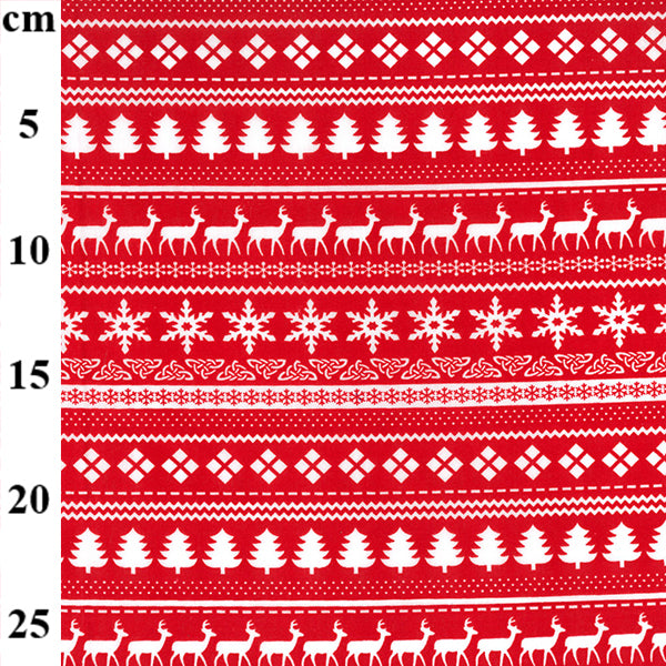 Christmas PolyCotton - Red/White Stag, Tree, Snow and Lines