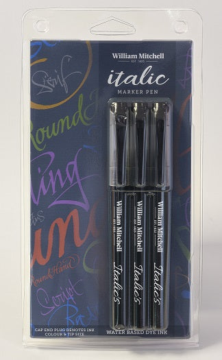 William Mitchell Italic Calligraphy Black 3-Pen Marker Blister Pack